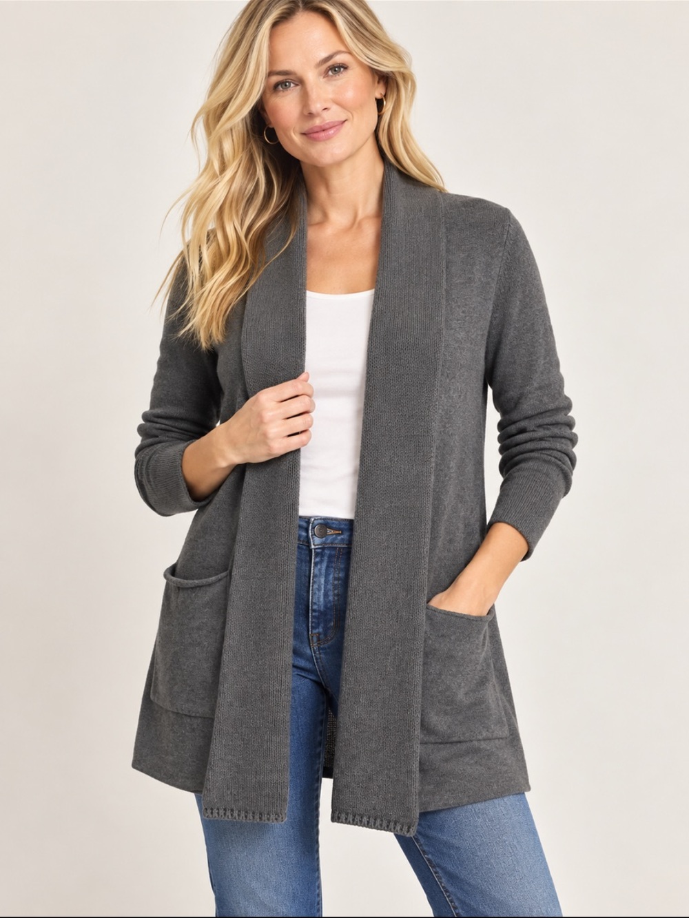 Pure Jill by J.Jill Cotton Cashmere Cardigan Gray Open Front Long Sweater M